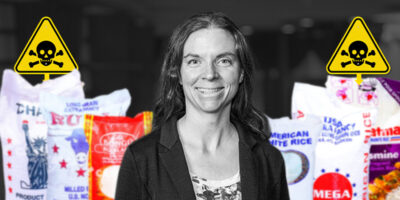 Cover image edited by AyiboPost featuring researcher Jackie Goodrich, with American rice bags with arsenic typically imported to Haiti in the background.