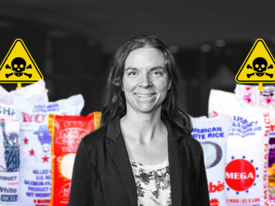 Cover image edited by AyiboPost featuring researcher Jackie Goodrich, with American rice bags with arsenic typically imported to Haiti in the background.