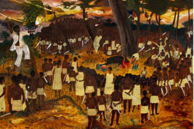 Bwa Kayiman Haïti 1791, tableau de Nicole Jean-Louis, artiste peintre haïtienne. On y retrouve les personnages principaux de cette cérémonie historique Dutty Boukman (grand homme à droite), Mambo Marinette (femme à la machette au centre) et Cecile Fatima (femme au teint clair à droite).