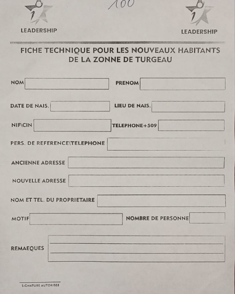 Un formulaire adressé aux nouveaux arrivants de la zone Turgeau pour y inscrire leurs informations personnelles avant de s'établir correctement dans le quartier.