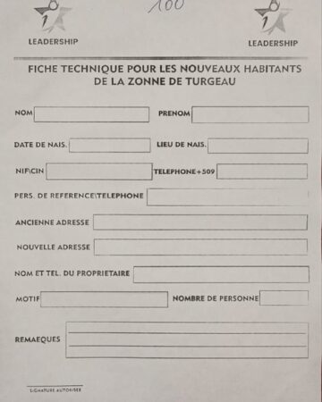 Un formulaire adressé aux nouveaux arrivants de la zone Turgeau pour y inscrire leurs informations personnelles avant de s'établir correctement dans le quartier.