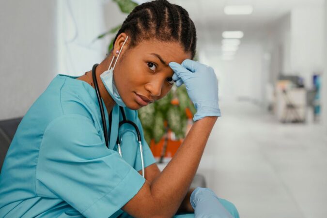 Photo d'une jeune médecin assise dans un couloir d'hôpital, une main posée contre la tête.
