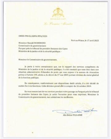 lettre de revocation de Ronald Richemond, obtenue par Forbidden Stories d'une source au courant de l'affaire Tesse.