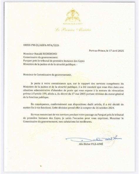 lettre de revocation de Ronald Richemond, obtenue par Forbidden Stories d'une source au courant de l'affaire Tesse.