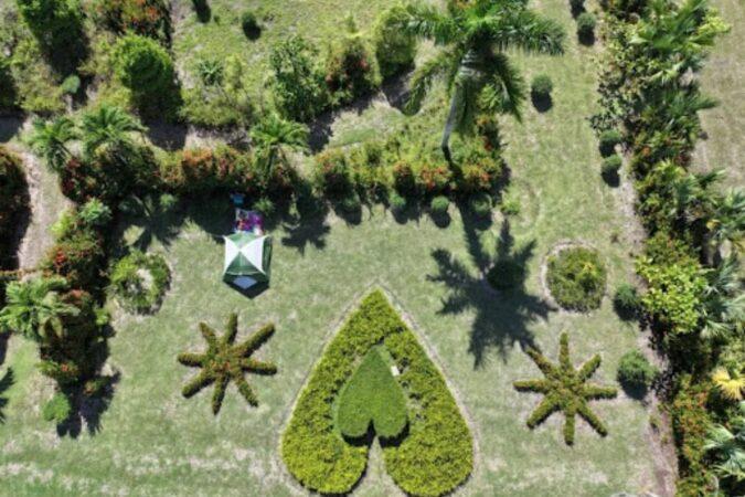 Vue aérienne du paysage en forme de cœur au Jardin botanique des Cayes, février 2024. Photo : Jardin botanique des Cayes.